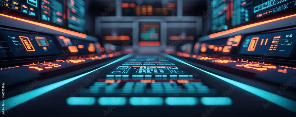 Poster a futuristic control room with glowing displays and buttons, creating a high-tech atmosphere.
