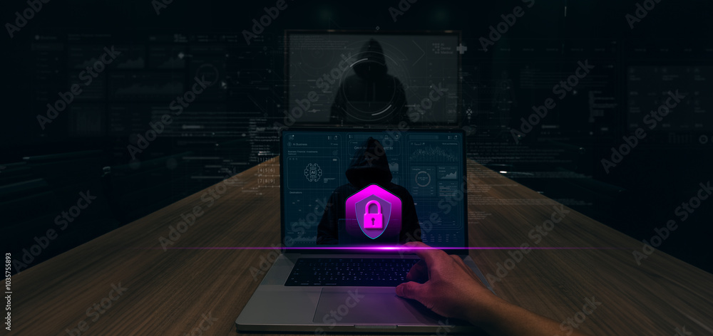 Aufkleber A hand reaches toward a laptop displaying a cybersecurity interface with a glowing padlock icon. The screen shows the image of a hooded figure symbolizing hacking or cyber threats