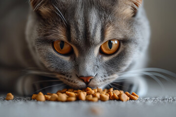 Grey cat is eating food on the floor