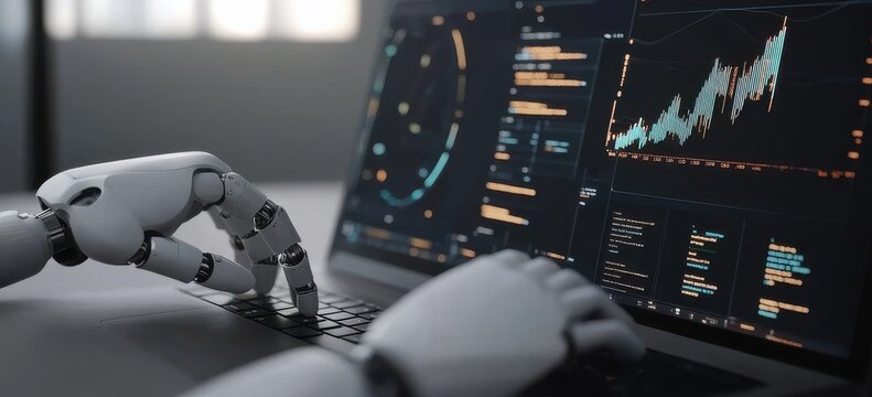 A robotic hand typing on a laptop, analyzing stock market charts and data, symbolizing artificial intelligence and automated trading.