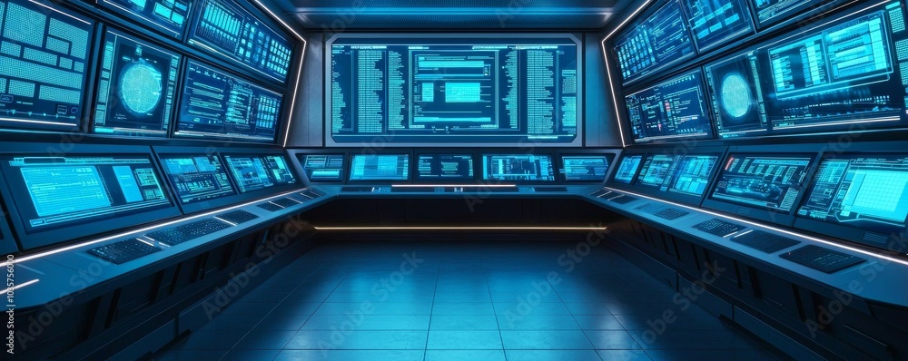 Poster a futuristic control room featuring sleek screens displaying complex data in blue light.