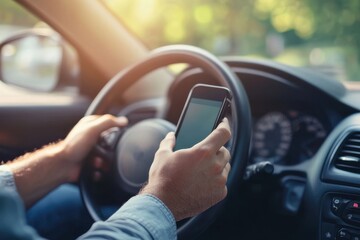 Close up of a driver using a smartphone while steering a car, illustrating distracted driving and road safety concerns.