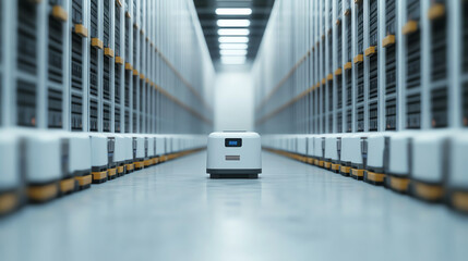 Obraz premium A robotic cart navigating an automated warehouse, surrounded by shelves filled with boxes, capturing the essence of modern logistics and automation.