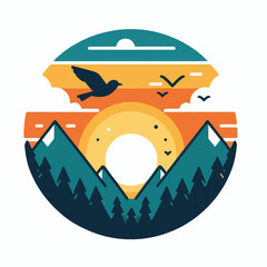 sunset over mountains and tree bird Design
