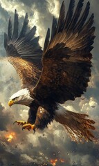 Fototapeta premium Eagle soaring above burning battlefield.