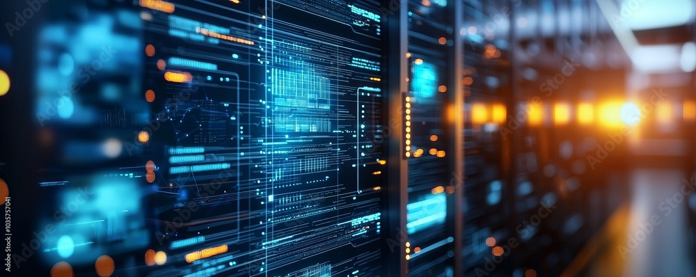 Poster a futuristic data center with illuminated servers and digital information, showcasing advanced techn