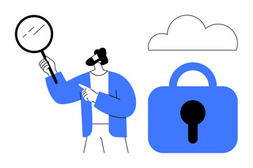 Man holding magnifying glass points to a cloud and a secure lock. Ideal for cyber security, data protection, search analysis, cloud computing, information security. Minimalist design with blue