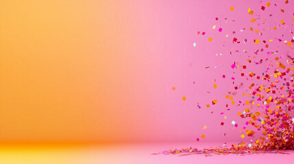 Colorful confetti falling on a pink and orange gradient background with copy space.