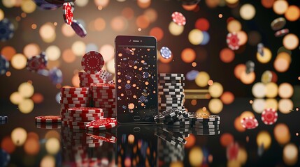 A smartphone surrounded by stacks of colorful poker chips, creating a vibrant gambling atmosphere.