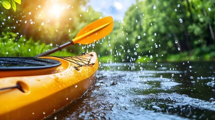 Two friends paddling their kayak down a serene river surrounded by the beauty of lush verdant nature and a picturesque summer landscape  The image evokes a sense of adventure tranquility