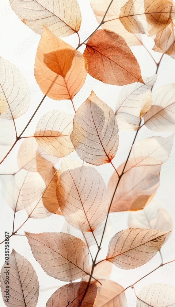 Poster minimalist autumn abstract with delicate transparent leaf shapes in soft muted tones on white backgr