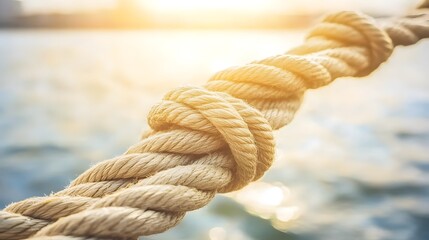 Complex web of interconnected ropes symbolizing intricate business relationships and antitrust challenges, with a focused foreground rope representing the effort to break monopolies.