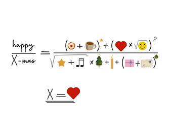 The mathematical equation of love or happiness. An algebraic fraction of cookies, tea, Christmas tree, candle, tree toy, heart. A fun holiday metaphor. Vector illustration can be used as a print or gr