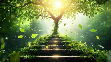 A serene image of a sunlit staircase adorned with greenery, leading to a radiant tree at the top, symbolizing growth, nature's journey, and the path to enlightenment.