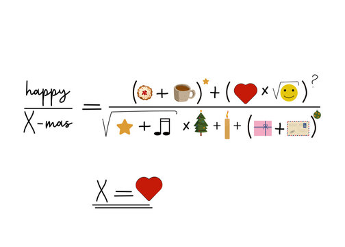 The mathematical equation of love or happiness. An algebraic fraction of cookies, tea, Christmas tree, candle, tree toy, heart. A fun holiday metaphor. Vector illustration can be used as a print or gr