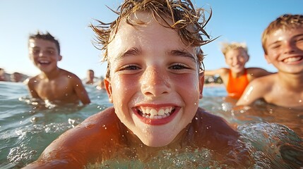 Fototapeta premium A group of energetic teenagers leaping with excitement from a wooden pier into the shimmering azure waters of the ocean on a warm sunny summer day