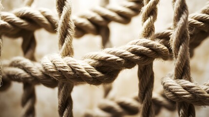 Complex web of interconnected ropes symbolizing intricate business relationships and antitrust challenges, with a focused foreground rope representing the effort to break monopolies.