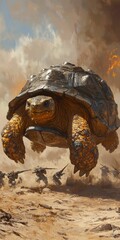 Obraz premium Giant tortoise attacks soldiers in desert.
