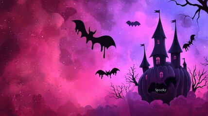 Fototapeta premium A spooky, colorful Halloween scene featuring bats, a dark castle, and a mystical sky of vibrant purple and pink hues.