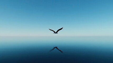 Obraz premium A seabird flying over a clean, plastic-free ocean with a distant horizon, wide panoramic view, with ample copy space in the water and sky