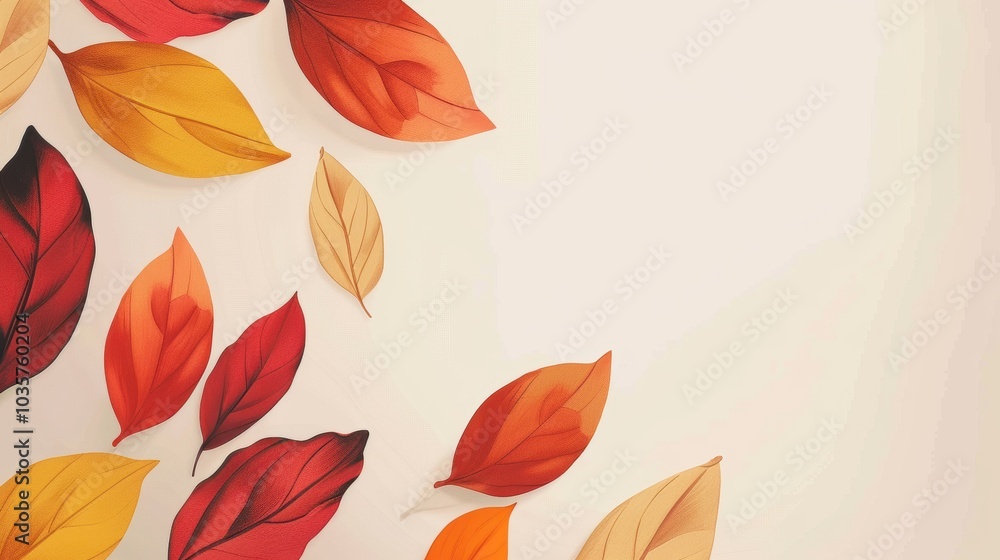 Poster minimalist autumn abstract background with sharp, clean leaf shapes in warm tones
