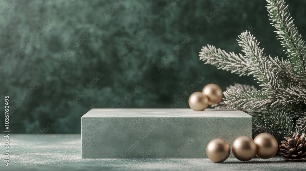 Aufkleber a serene holiday setup showcases a simple display platform surrounded by gold decorations and evergr