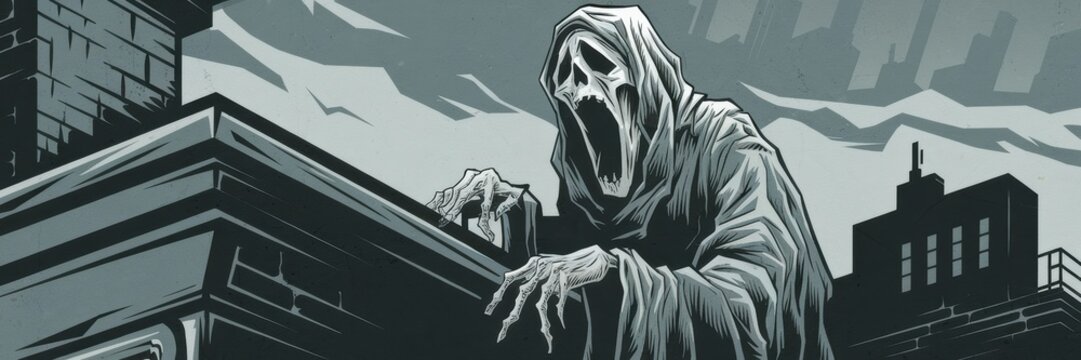 Dark Graphic Illustration: A ghostly figure looms menacingly on a rooftop under a stormy sky, suitable for horror-themed projects.