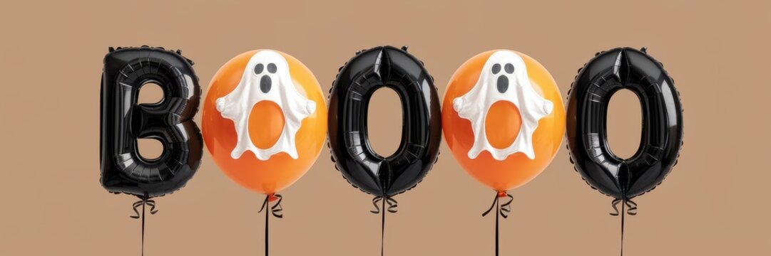 Halloween-themed balloons displaying 'BOOO' in black and orange with ghost motifs, perfect for festive decorations.