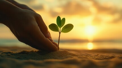 Hands planting a young mangrove tree on the shoreline, sun setting in the background, soft, warm light and a large area of clean sand for text