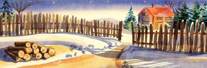 Obraz premium Watercolor Winter Scene: A cozy red-roof house by a snowy fence with stacked logs, perfect for holiday-themed designs.