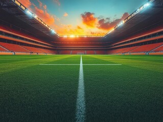 vivid photo showcasing an empty soccer stadium with a perfectly manicured vibrant green field, capturing the anticipation and energy of the game yet to come