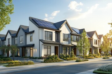 Modern Townhouse with Solar Panels. AI generated illustration.