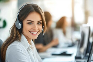 Happy Female Employee Assisting Customers in Modern Workspace