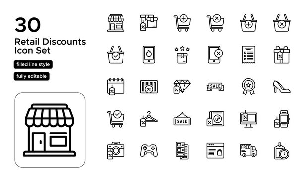 Retail Discounts Line Icon Set: Special Sales, Shopping Deals, and Savings Icons
