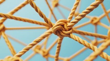 Complex web of interconnected ropes symbolizing intricate business relationships and antitrust challenges, with a focused foreground rope representing the effort to break monopolies
