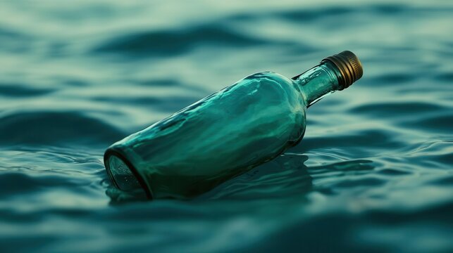 A glass bottle with a message inside, floating in a clean ocean, soft waves in the background, with the open water providing copy space