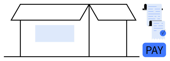 A basic house with a window. Next to it are payment receipts and a pay button. Ideal for real estate, online payments, home expenses, finance management, minimalistic themes. Line art style