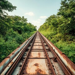 Fototapeta premium Abandoned futuristic transportation systems, rusted maglev trains, overgrown tracks