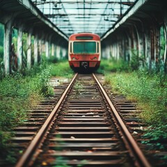 Naklejka premium Abandoned futuristic transportation systems, rusted maglev trains, overgrown tracks