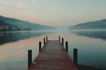 Naklejka premium Wooden Dock Extending into a Misty Lake with Distant Hills