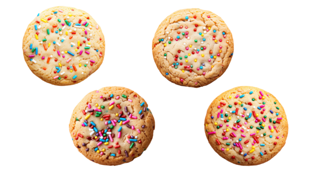 Colorful cookies with sprinkles on a white isolated background.