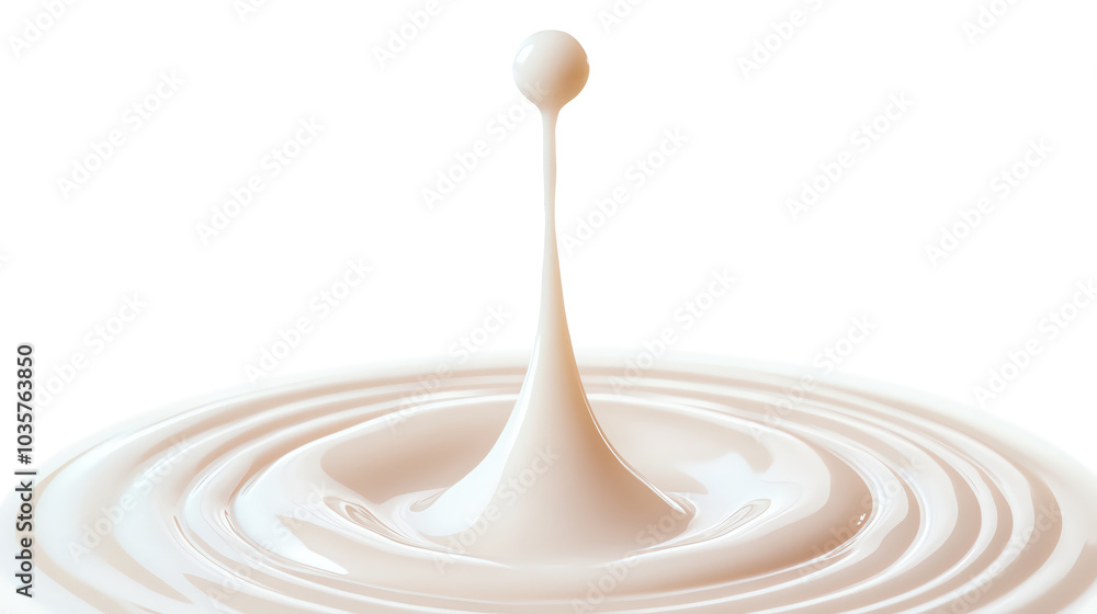 Poster cream droplet splashing into a white surface, creating ripples and movement.