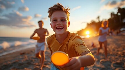 A group of friends playfully tossing a on a picturesque beach with the waves of the ocean crashing in the background creating a vibrant and carefree summer scene
