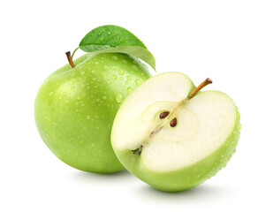 Fresh green apple with cut in half and water droplets isolated on white background.