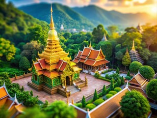 Obraz premium Majestic Golden Temple Wat Phra That Doi Suthep in Chiang Mai - Stunning Tilt-Shift Photography