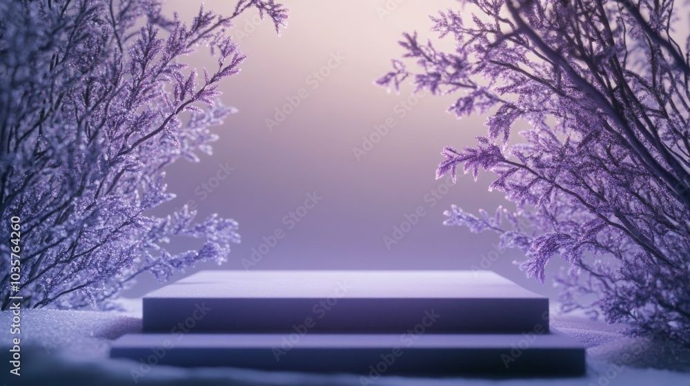Poster delicate frost coats the surrounding plants, creating a tranquil winter atmosphere at twilight. a si