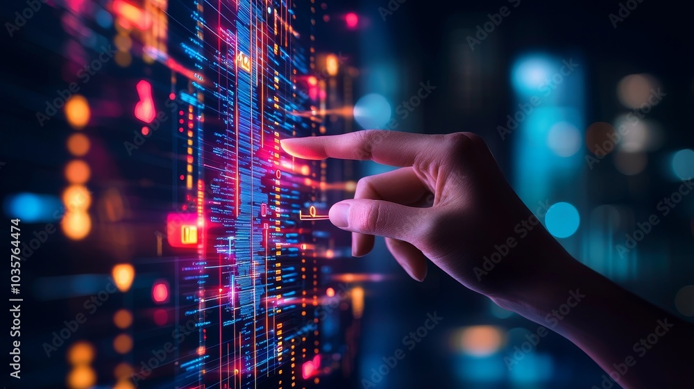 Poster a hand interacts with a colorful digital interface, showcasing advanced technology and data visualiz