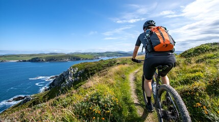 A group of cyclists riding along a picturesque coastal path with a clear blue sky and warm summer sunshine creating a serene and invigorating outdoor experience