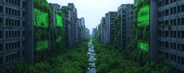 Crumbling high-tech buildings, nature taking over, broken holographic signs, overgrown streets