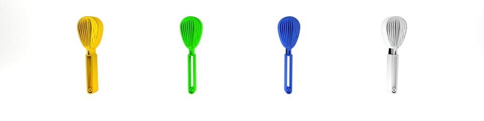 Colorful Kitchen whisk icon isolated on white background. Cooking utensil, egg beater. Cutlery sign. Food mix symbol. Minimalism concept. 3D render illustration